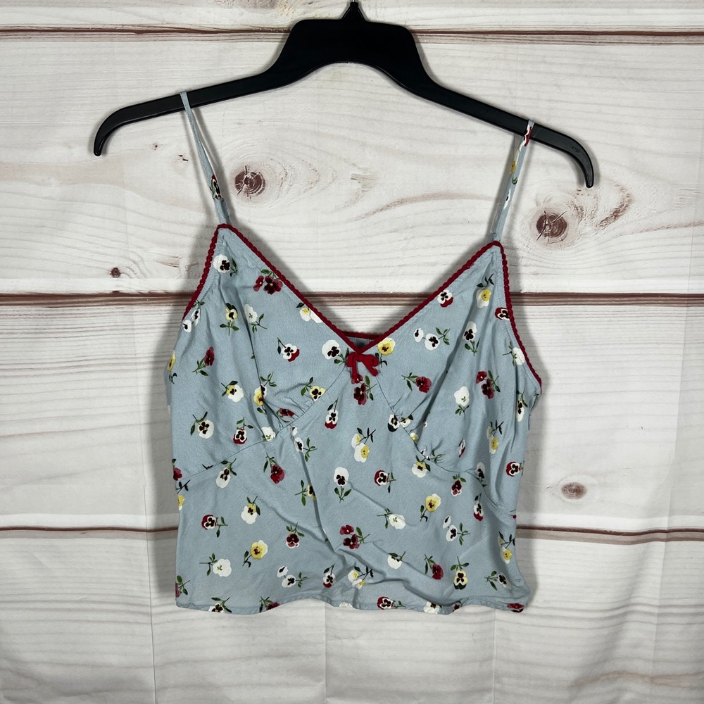 GAP x DÔEN Cami Tank Top Womens Large Blue Floral Crochet Trim Bow Crop Zipper